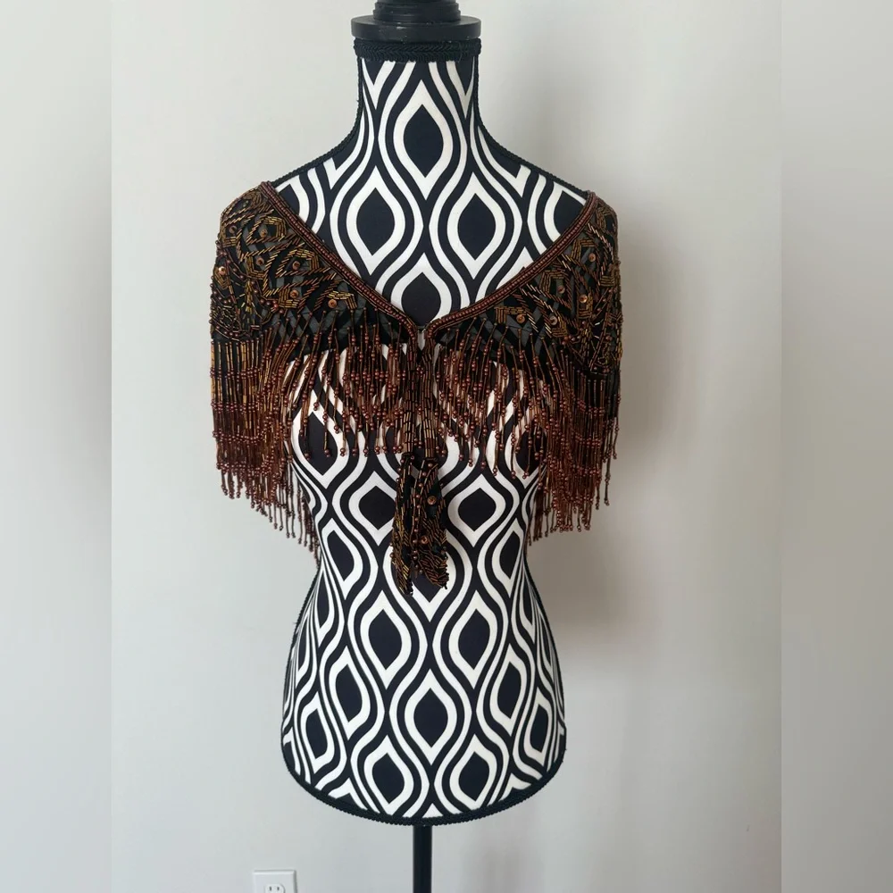 Gorgeous Vintage 70s 80s Sequin & Beaded Art Deco Shawl Capelet Rose Gold Bronze - Picture 4 of 15